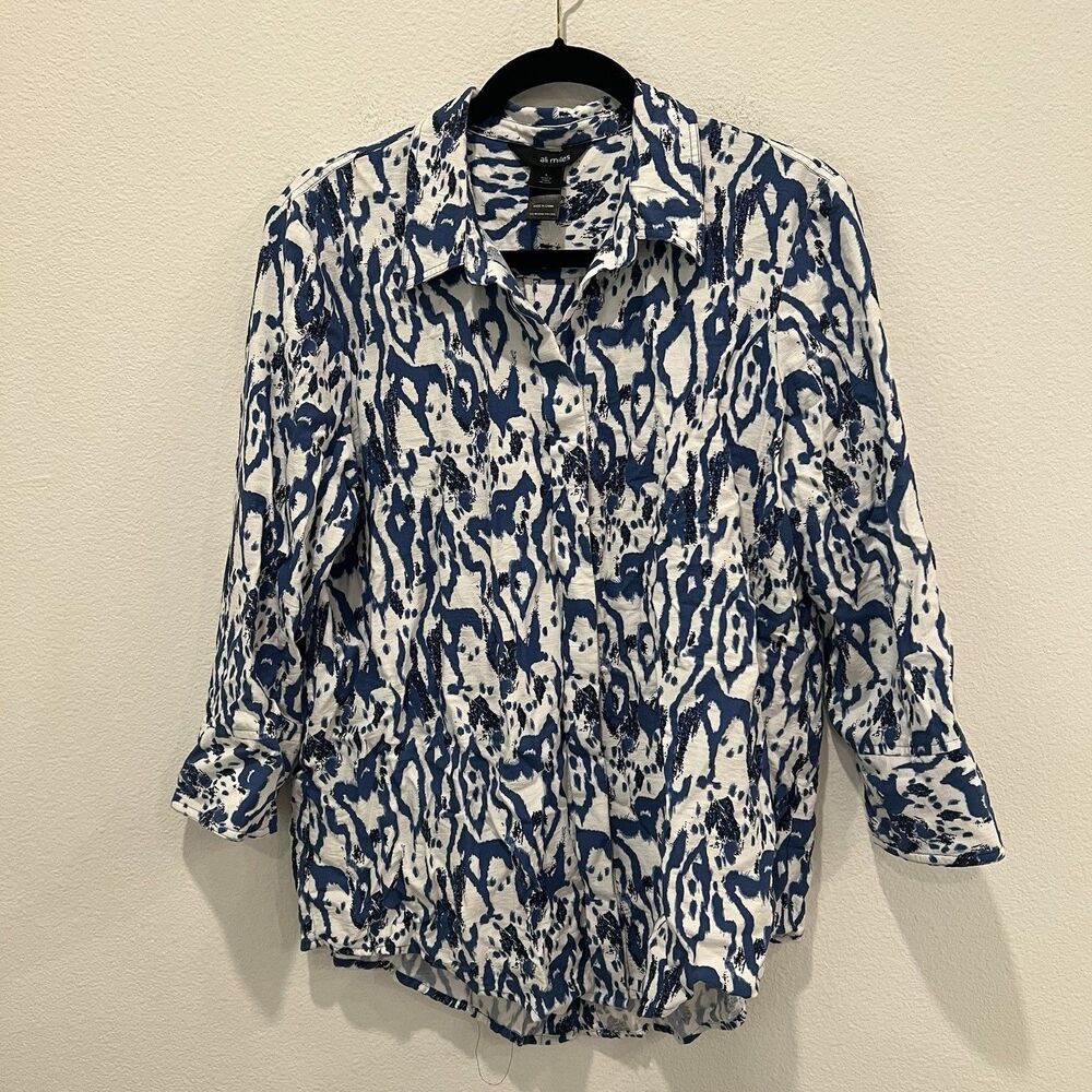 Ali Miles Button Up Shirt Blue Abstract Print Large Casual Art To Wear Career